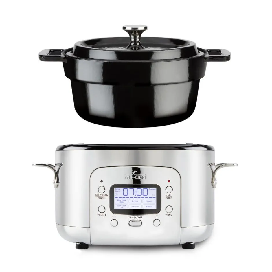 All-Clad Stainless Steel 6-in-1 Digital Slow Cooker with Enameled Cast Iron Pot; 5 quart